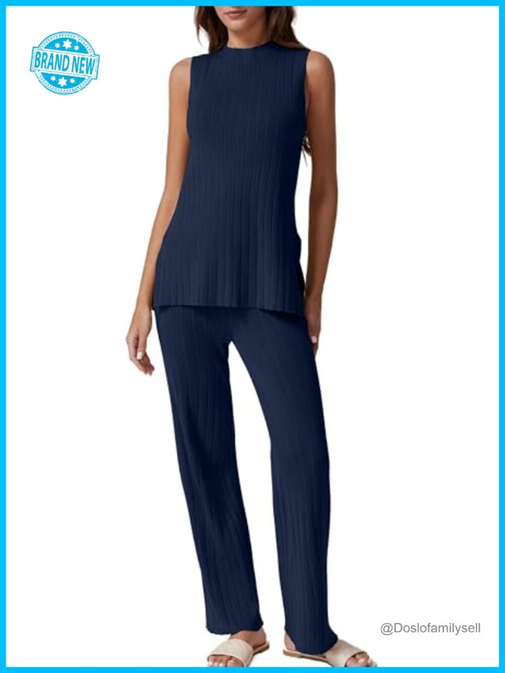 Two Piece Knit Lounge Set Sleeveless Top Wide Leg Pants